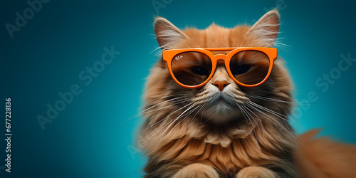 Cat wearing sunglasses on a dark turquoise background  banner with empty space for inserting text and logo  digital art  panoramic background  minimalist