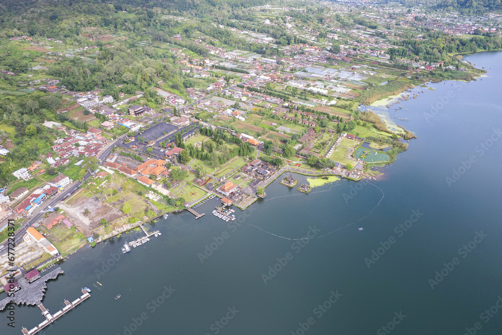 Aerial view of Candikuning town and Beratan Lake. Bali, Indonesia.