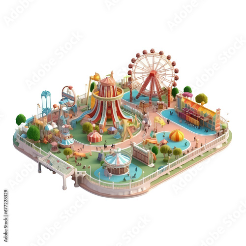 Isometric view image of a large amusement park on a transparent background PNG