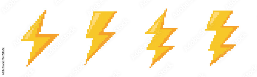 Pixel 8 bit lightning bolt retro icon. 8 bit old game zap thunder vintage symbol - obrazy, fototapety, plakaty 