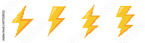 Pixel 8 bit lightning bolt retro icon. 8 bit old game zap thunder vintage symbol photo