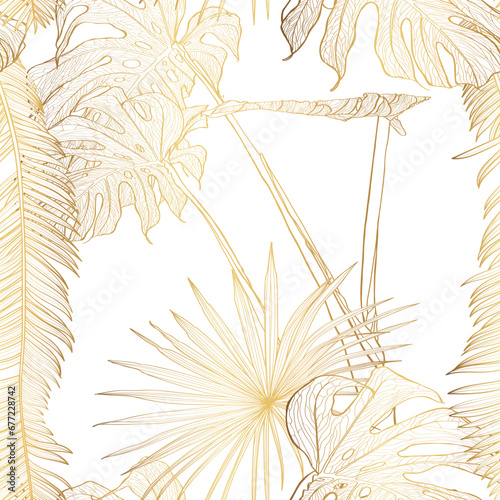 Nature seamless pattern. Hand drawn abstract tropical summer background: fan palm tree, monstera leaves, golden line illustration.