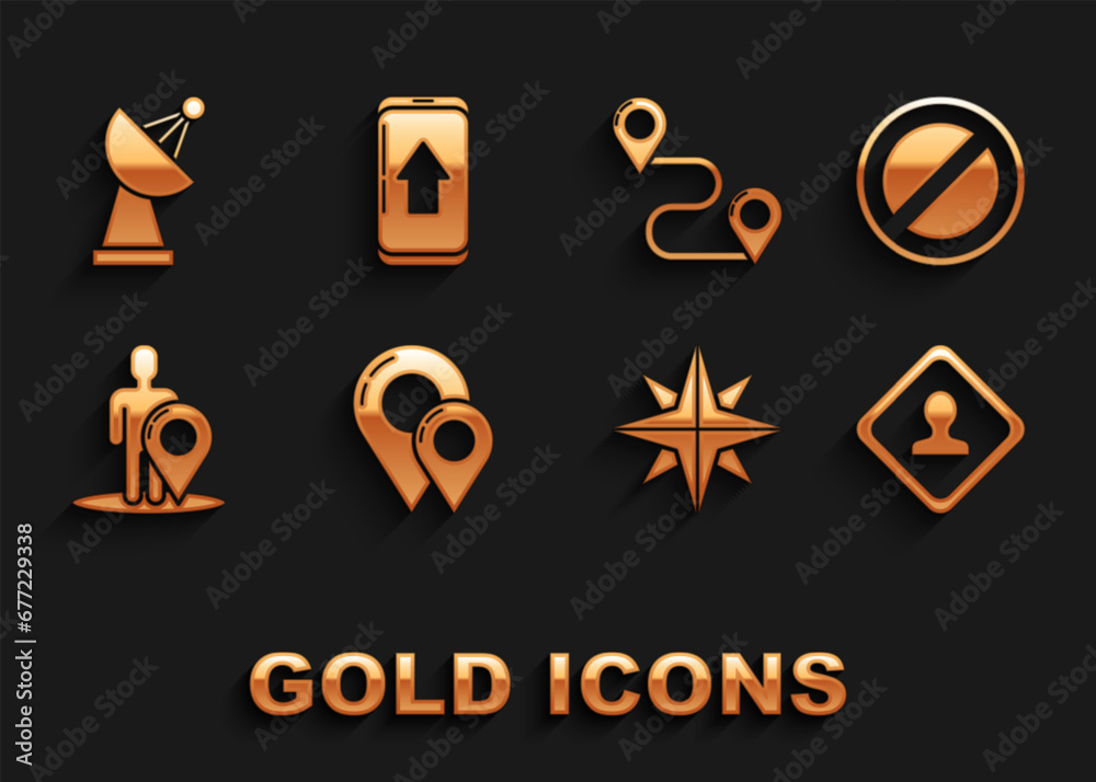 Set Map pin, Stop sign, Road traffic, Wind rose, marker with silhouette of person, Route location, Radar and Infographic city map navigation icon. Vector Set Map pin, Stop sign, Road traffic, Wind rose, marker with silhouette of person, Route location, Radar and Infographic city map navigation icon. Vector