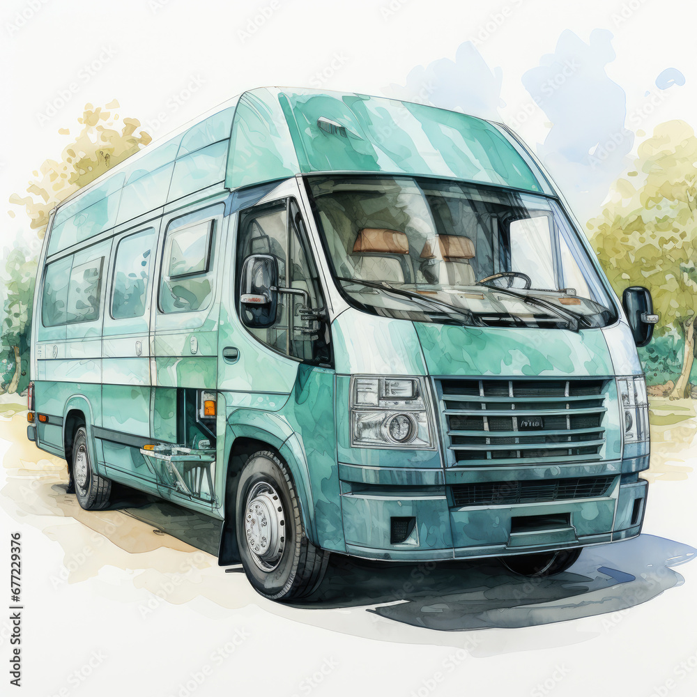 watercolor Van vehicle clipart, Generative Ai