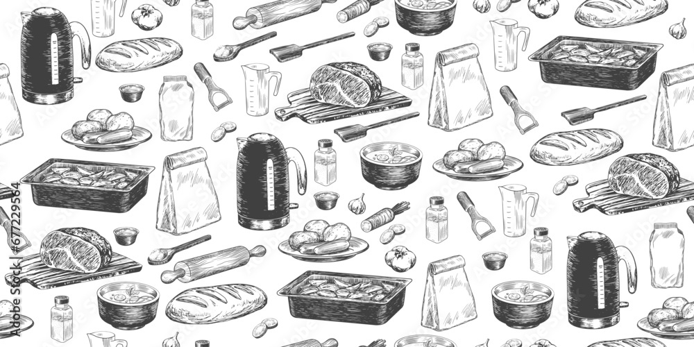 Seamless pattern with sketches of kitchen utensils for cooking. Background with kettle, spatula, measuring cup, peeler, spice packs, baking tray, roast beef on cutting board. Hand drawn illustration