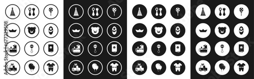 Set Lollipop, Teddy bear plush toy, Folded paper boat, Party hat, Newborn baby infant swaddled, Baby cutlery with fork and spoon, shower invitations card, poster and Toy train icon. Vector