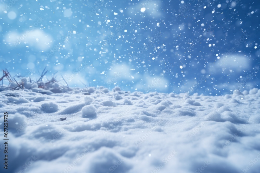 Detailed snowy surface with glittering particles, blue sky backdrop with light flurries, serene and tranquil winter season atmosphere, untouched snow blanket in natural setting. Detailed snowy surface with glittering particles, blue sky backdrop with light flurries, serene and tranquil winter season atmosphere, untouched snow blanket in natural setting.