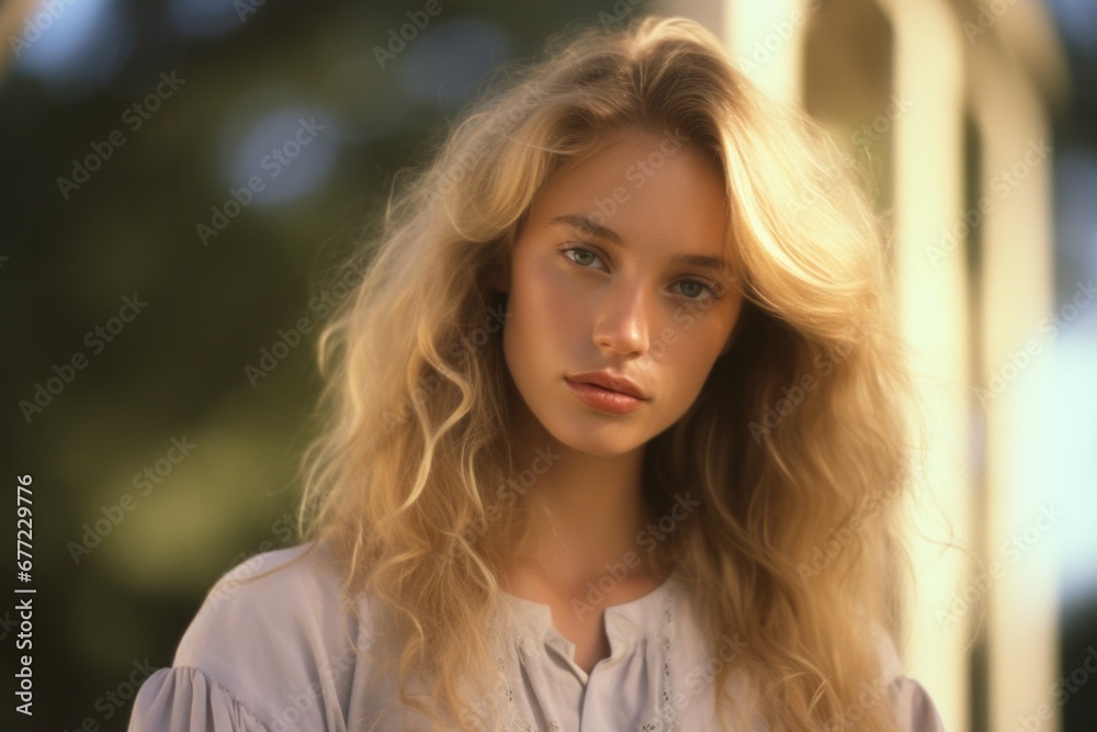 Fototapeta premium Portrait of youthful elegance, serene young woman in pastel tones basked in golden hour glow, exemplifying old money grace.