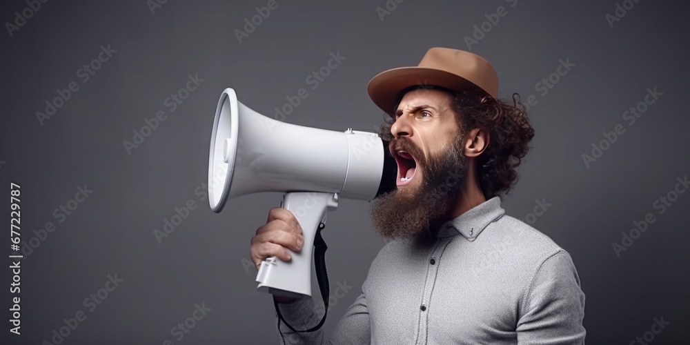 Man Holds a Huge Megaphone in Front of His Head, Projecting a Powerful Message and Capturing Public Attention with Vocal Expression Man Holds a Huge Megaphone in Front of His Head, Projecting a Powerful Message and Capturing Public Attention with Vocal Expression
