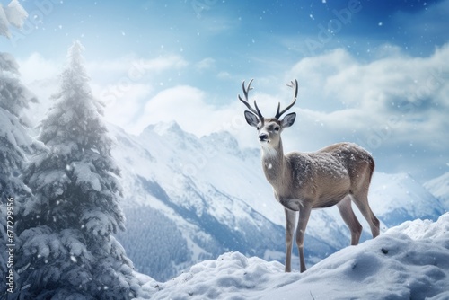 Winter wildlife scene, majestic deer in snowy mountain landscape, tranquil nature backdrop, for serene seasonal imagery, Winter wonder.