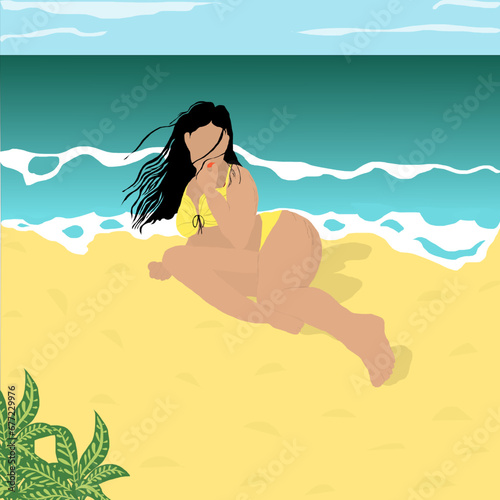 Mujer gorda tomando sol en la playa photo