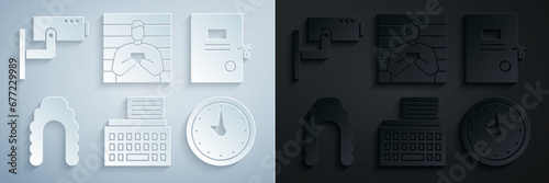 Set Retro typewriter, Lawsuit paper, Judge wig, Clock, Suspect criminal and Security camera icon. Vector