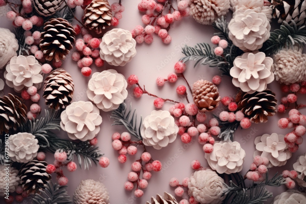 Pine cones and red berries arrangement on pastel backdrop. Winter holiday decor and natural elegance.