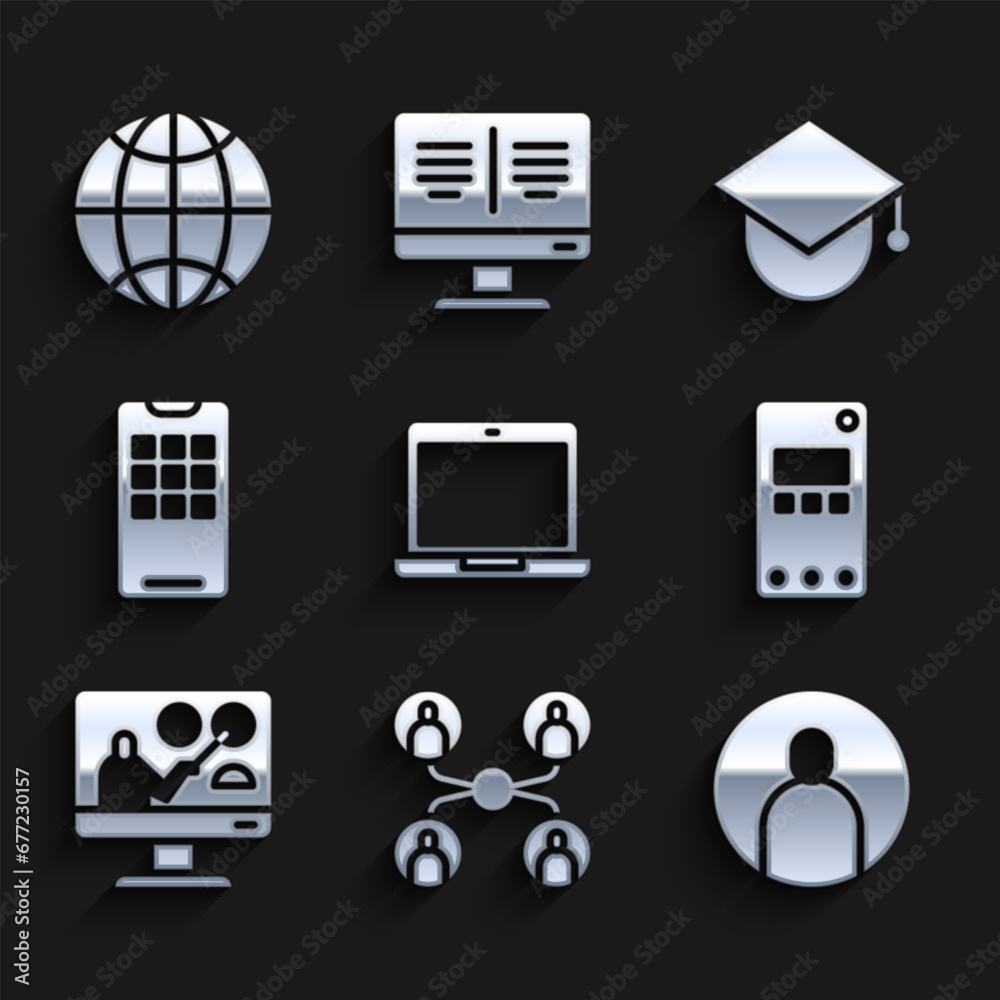 Set Laptop, Online class, Create account screen, Mobile phone, education, Graduation cap globe and Social network icon. Vector Set Laptop, Online class, Create account screen, Mobile phone, education, Graduation cap globe and Social network icon. Vector