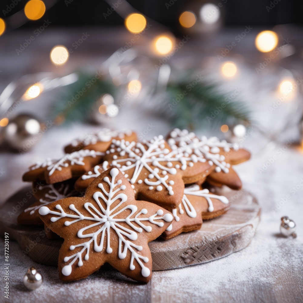 Tasty decorated gingerbread on a light background. Christmas pastry. Generative AI.