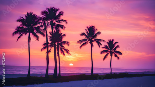 Silhouette of palm trees on the beach at sunset, vintage tone © wannasak