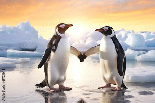 Wildlife conservation  two penguins holding flippers amidst icy landscape at sunrise