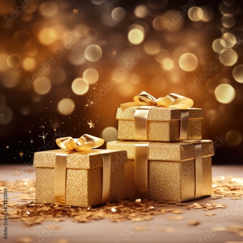 Christmas gifts on a golden background. Christmas time. Generative AI.
