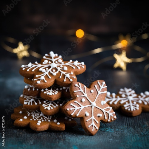 Tasty decorated gingerbread on a dark background. Christmas pastry. Generative AI.