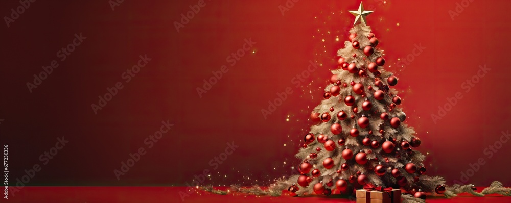 Decorated Christmas tree on a red background. Generative AI.