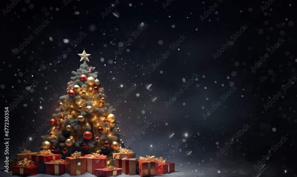 Decorated Christmas tree with gifts on a dark background. Generative AI. Decorated Christmas tree with gifts on a dark background. Generative AI.