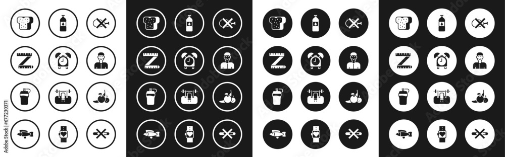 Set No meat, Alarm clock, Tape measure, Bread toast, Positive thinking, Bottle of water, Fruit and Fitness shaker icon. Vector