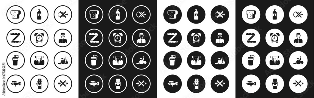 Set No meat, Alarm clock, Tape measure, Bread toast, Positive thinking, Bottle of water, Fruit and Fitness shaker icon. Vector Set No meat, Alarm clock, Tape measure, Bread toast, Positive thinking, Bottle of water, Fruit and Fitness shaker icon. Vector