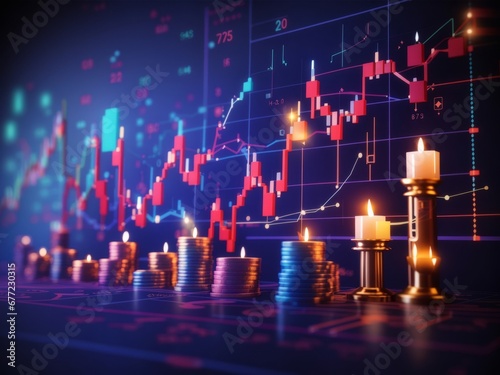 Crypto market graph, candles show the trading market graph profit concept with light  photo