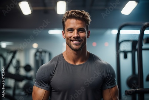 A handsome muscular man smiles at the camera against the background of a sports gym