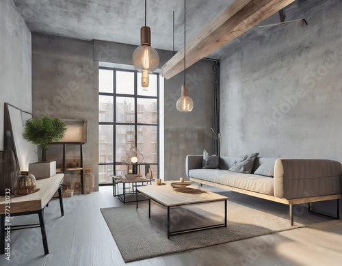 Urban Escape  City-inspired Scandinavian living   concrete accents  industrial lighting  and a neutral palette in the room.