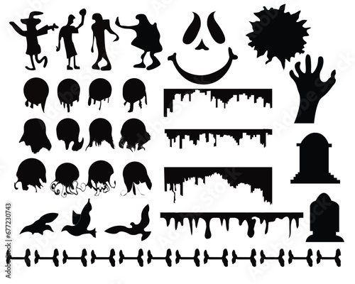 Happy Halloween Vector Silhouette Illustration Set Isolated On A White Background. Collection of Halloweens silhouettes icon and character, elements for Halloweens decorations Premium Vector