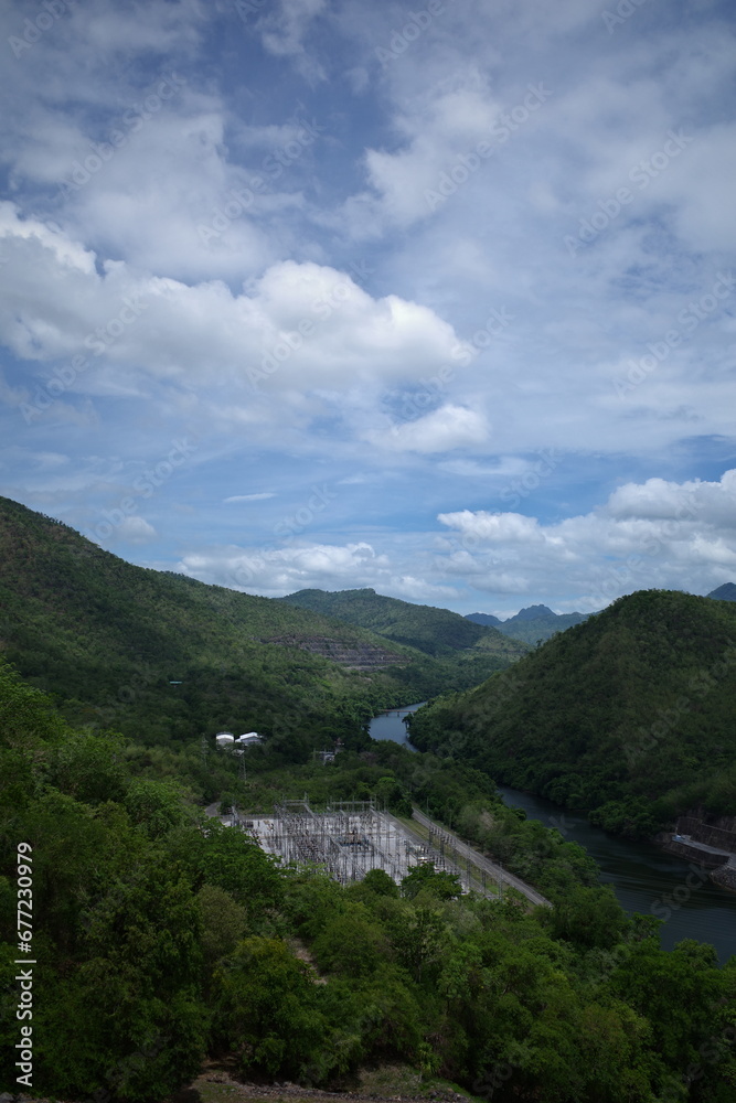 Green natural and clear sky at Khuean Srinagarindra, Srinakarin Dam, Thailand