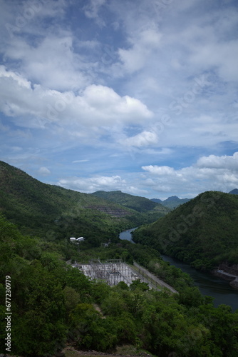 Green natural and clear sky at Khuean Srinagarindra, Srinakarin Dam, Thailand