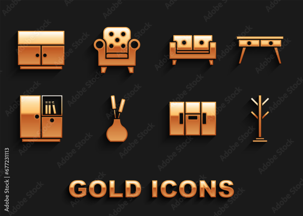 Set Vase, Office desk, Coat stand, Wardrobe, Sofa, and Armchair icon. Vector Set Vase, Office desk, Coat stand, Wardrobe, Sofa, and Armchair icon. Vector