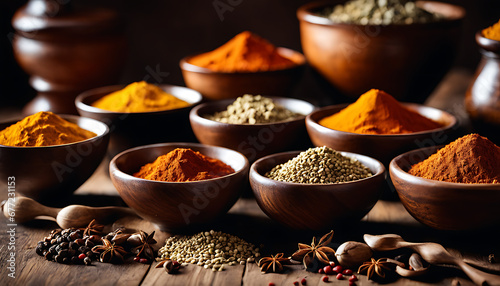 variety of spices in bowls on a wooden table. There are at least 10 different spices visible, including cumin, coriander, turmeric, paprika, and garam masala  photo