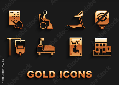 Set Hospital bed, Blindness, Medical hospital building, Separated toilet for disabled, IV bag, Treadmill machine, Braille and Woman wheelchair icon. Vector