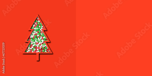 christmas card, christmas tree with sugar sprinkles cutout on red background, christmas pastry and bakery