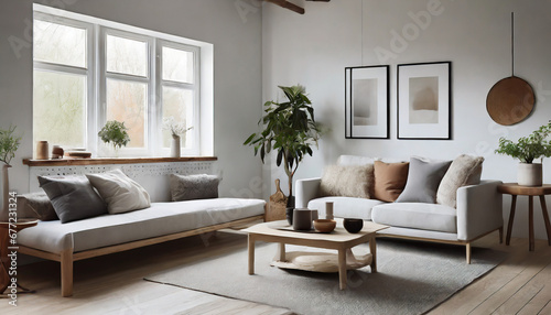 Nordic Zen  Foster tranquility in a Scandinavian living room with neutral hues  clean lines  and uncluttered spaces.