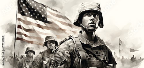 Black and white illustration of the US soldiers against USA flag backdrop. AI generative.