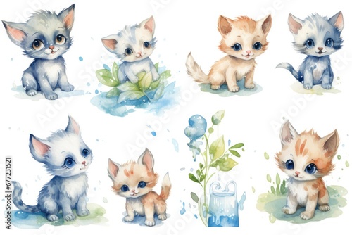 Cute baby kittens sitting in a playful pose. Watercolor style set, white background. Generative AI © Postproduction