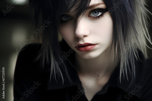 emo girl, portrait of a young lady with bright eye makeup. close-up of the face. photo