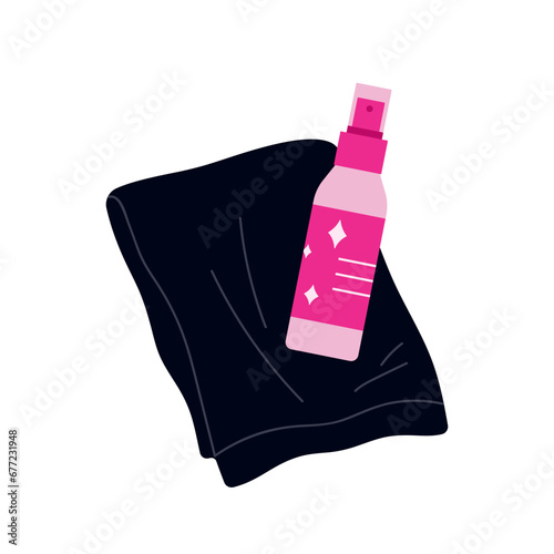 Pole cleaner with microfiber cloth. Pylon cleaning spray. Care, protection against bacteria and cleaning of dance poles and equipments. Vector illustration in cartoon style. Isolated white background.
