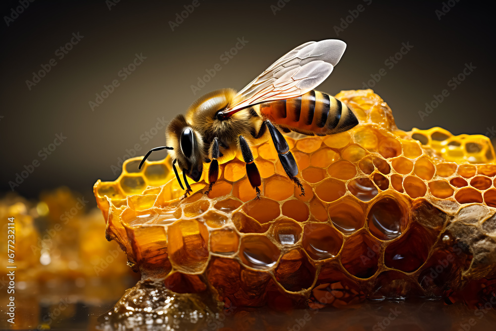 honeycomb with bee crawls through combs collecting honey. Beekeeping, wholesome food for health. - obrazy, fototapety, plakaty 
