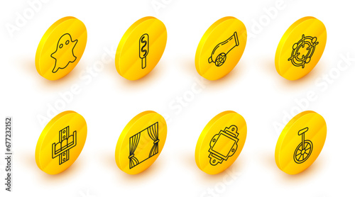 Set line Unicycle or one wheel bicycle, Ticket, Curtain, Attraction carousel, Target sport for shooting competition, Cannon, Corn dog and Ghost icon. Vector