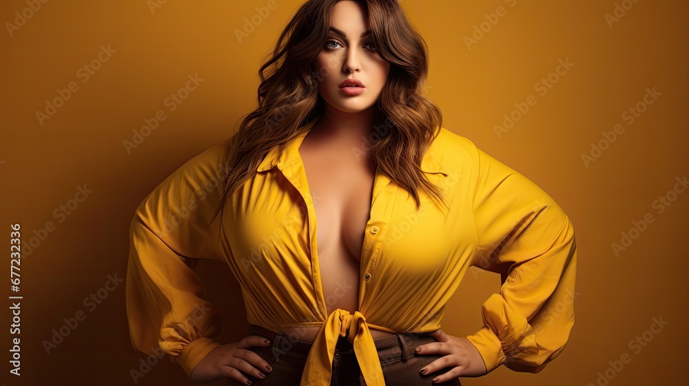 Φωτογραφία a woman in a yellow shirt and black pants posing for a picture against a yellow