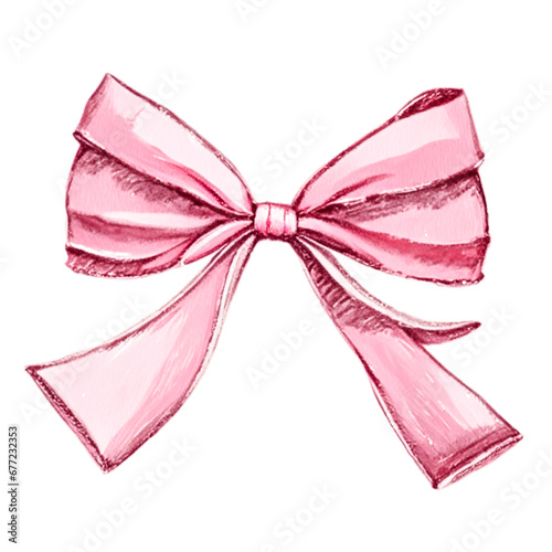 Pink bow isolated on white background. Watercolor hand drawn illustration.