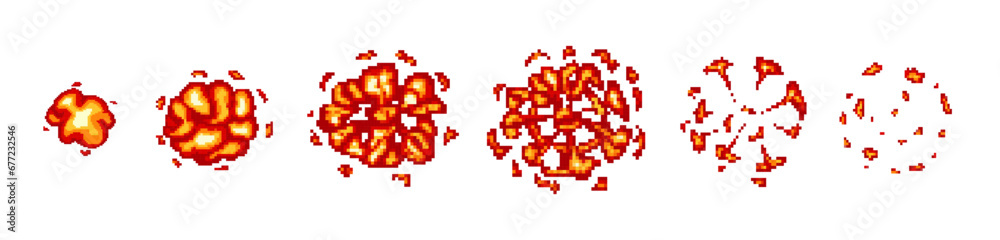 8 bit game pixel explosion animation. Retro game explosion fire.