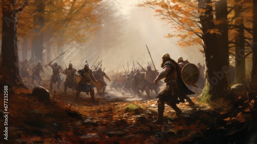 Celtic warriors launching an attack on roman soldiers in the woods created with Generative AI