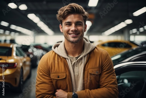 A young smiling happy man on the background of cars in a car dealership. Buying a car and driving concept.
