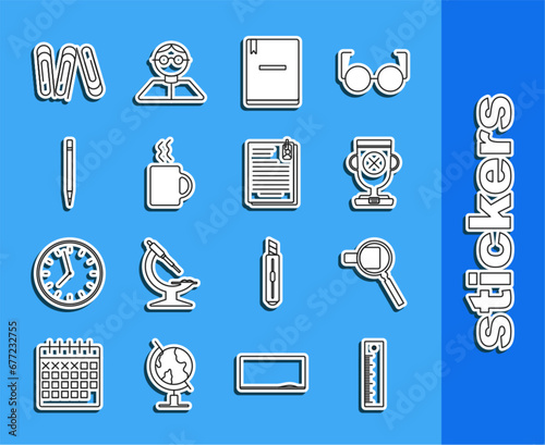 Set line Ruler, Magnifying glass, Award cup, Notebook, Coffee, Pencil with eraser, Paper clip and File document and paper icon. Vector